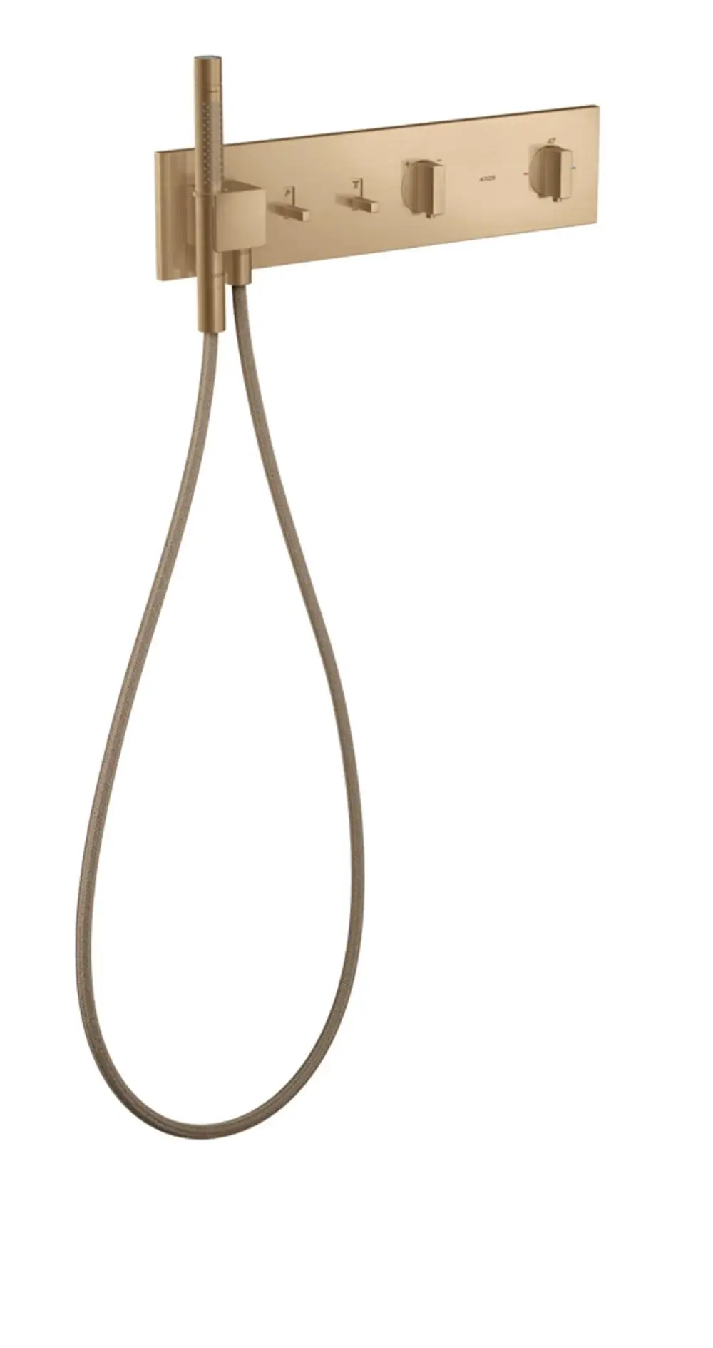 Thermostatmodul von AXOR mit zwei Wasseranschlüssen und einer Handbrause in gebürstetem Bronze-Finish, montiert auf einer rechteckigen Wandplatte.